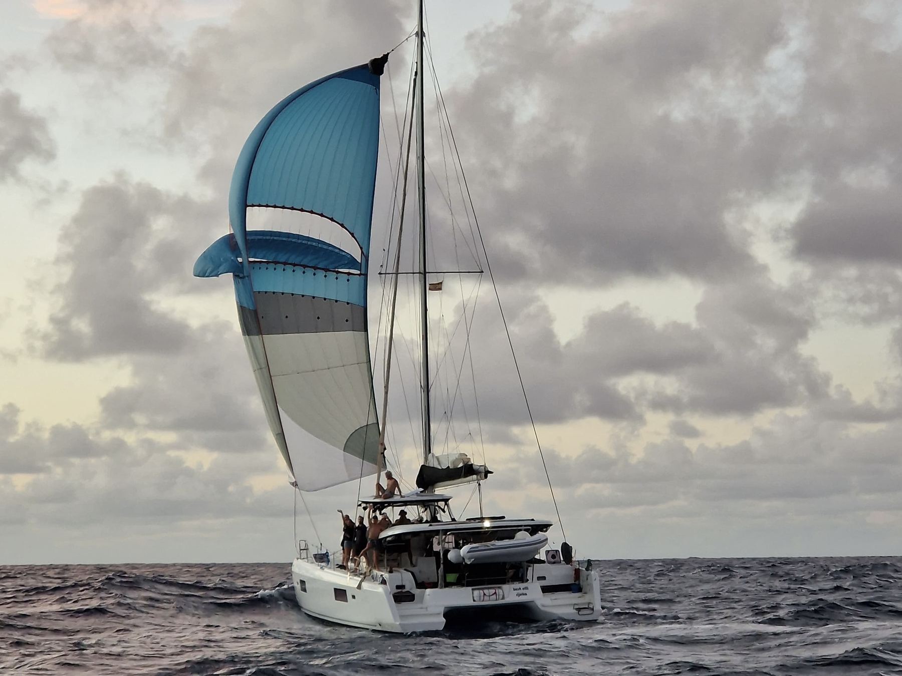 Catamaran under spinnaker during the second Atlantic crossing